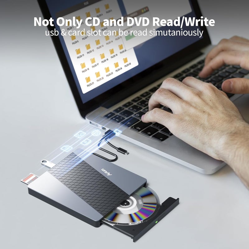 ALXUM External CD Drive, 8 in 1 External DVD Drive for Laptop Portable CD Player with Multiple Ports Support Faster Transfer Speed CD 8X DVD 24x for Windows 11/10/8/7 MacOS and More - Image 5